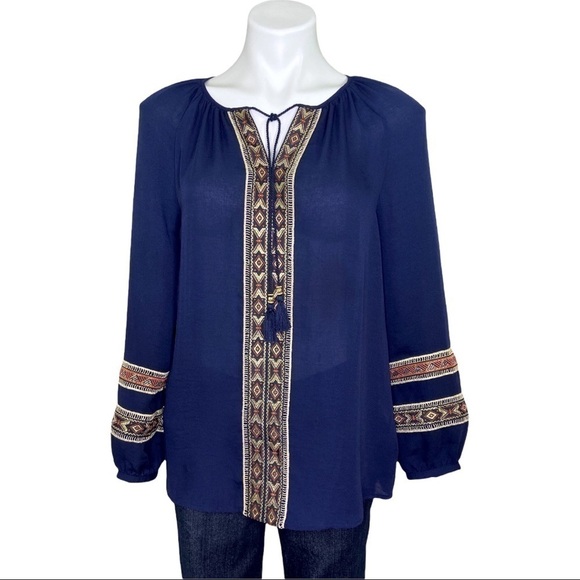 Chico's Tops - Chico's Blue Boho Tassel Tie Long Sleeve Blouse Small
